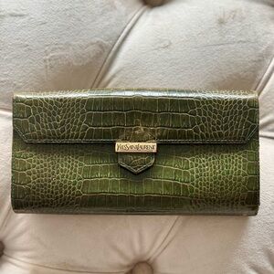 Yves Saint Laurent Green Crocodile Embossed Kisslock Wallet
